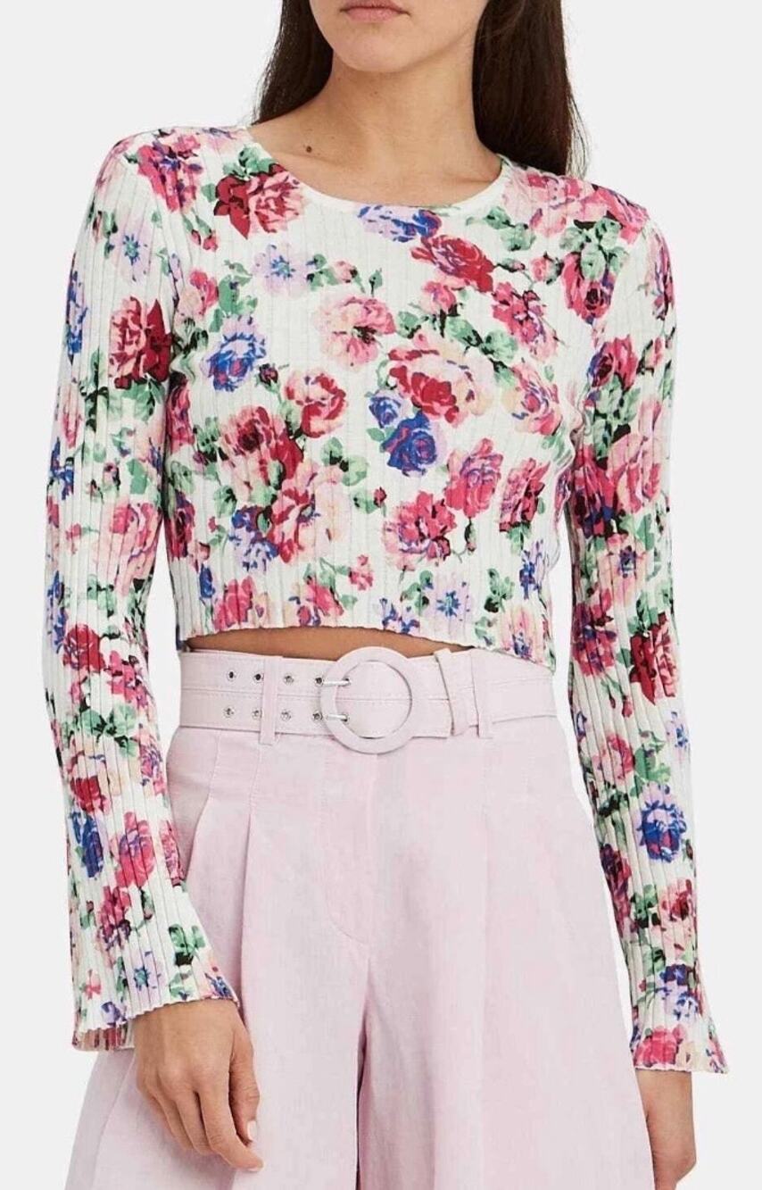 Ronny Kobo Magda Floral Ribbed Bell Sleeve Cropped Top Size Large